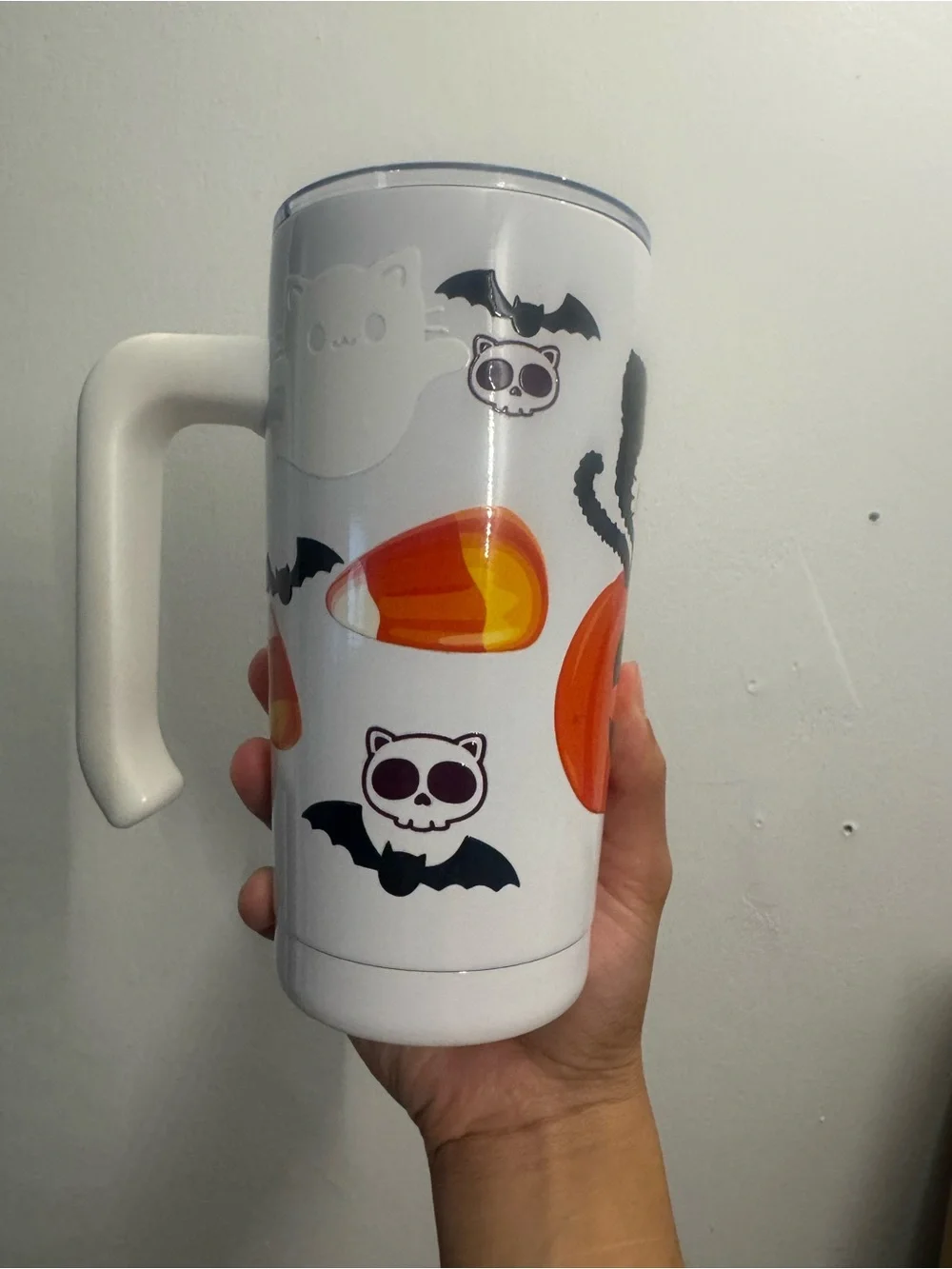 White Halloween Cat & Pumpkin Insulated Travel Tumbler